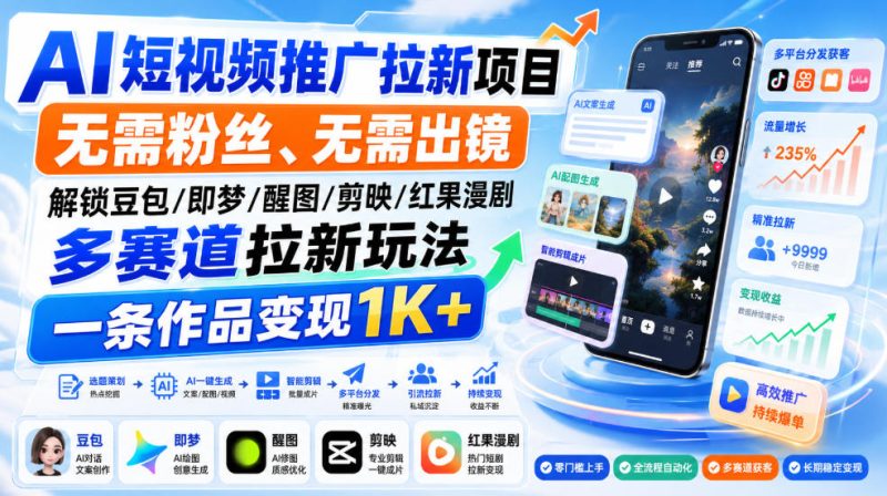AI短视频推广拉新项目,无需粉丝、无需出镜,解锁豆包/即梦/醒图/剪映/红果漫剧多赛道拉新玩法,一条作品变现1K+(更新0918)-优优云网创