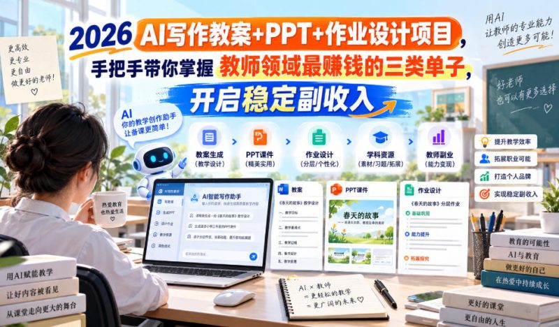 2026 AI写作教案+PPT+作业设计项目,手把手带你掌握教师领域最賺钱的三类单子,开启稳定副收入-优优云网创