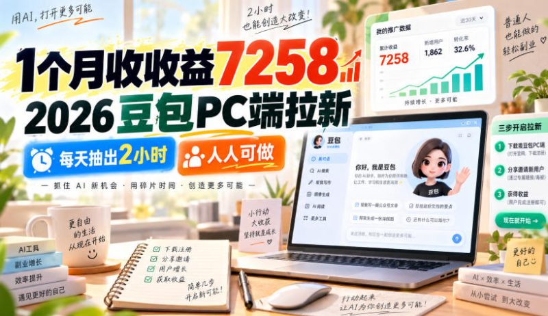 1个月收收益7258,2026豆包PC端拉新,每天抽出2小时,人人可做-优优云网创