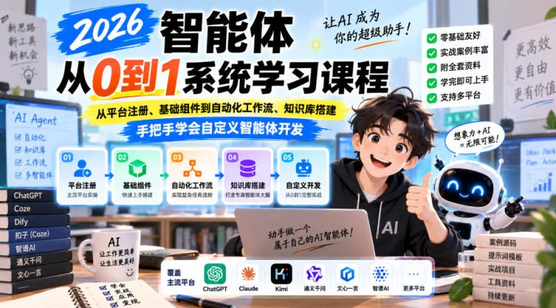 2026智能体从0到1系统学习课程，从平台注册、基础组件到自动化工作流、知识库搭建，手把手学会自定义智能体开发-优优云网创