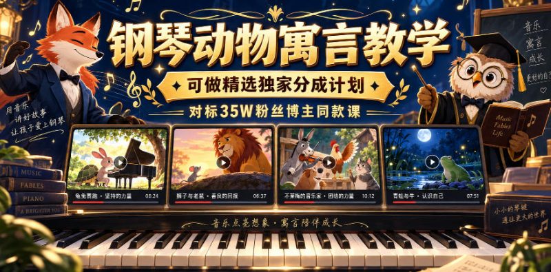 钢琴动物寓言教学，可做精选独家分成计划，对标35W粉丝博主同款课-优优云网创