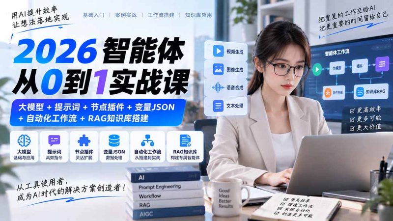 2026智能体从0到1实战课|大模型+提示词+节点插件+变量JSON+自动化工作流+RAG知识库搭建-优优云网创