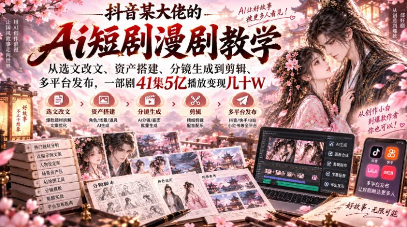 抖音某大佬的Ai短剧漫剧教学,从选文改文、资产搭建、分镜生成到剪辑、多平台发布,一部剧41集5亿播放变现几十W-优优云网创