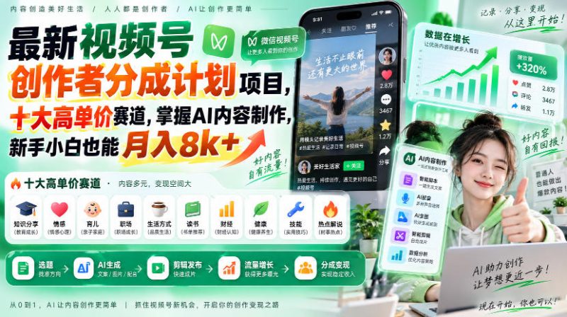 最新视频号创作者分成计划项目，十大高单价赛道，掌握AI内容制作，新手小白也能月入8k+-优优云网创