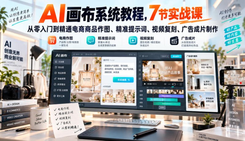 AI画布系统教程，7节实战课从零入门到精通电商商品作图、精准提示词、视频复刻、广告成片制作-优优云网创