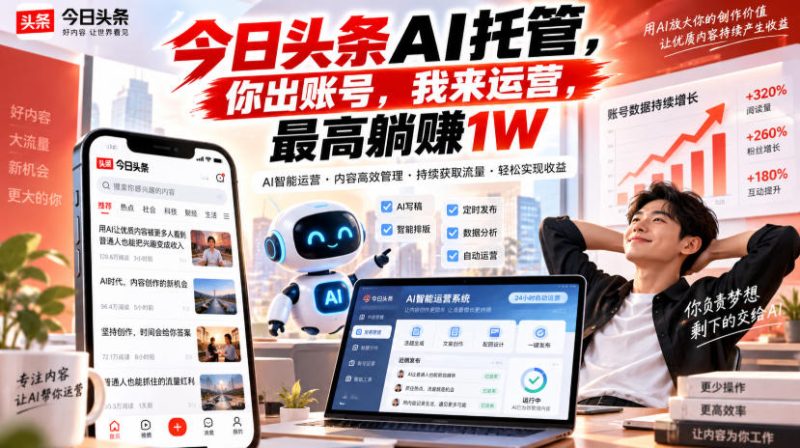 今日头条AI托管,你出账号,我来运营,最高躺賺1W【揭秘】-优优云网创