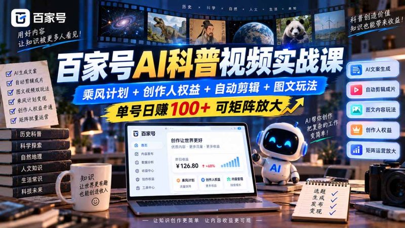 百家号AI科普视频实战课:乘风计划+创作人权益+自动剪辑+图文玩法,单号日赚100+可矩阵放大-优优云网创
