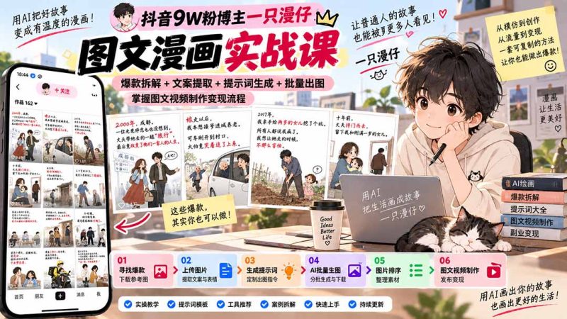 抖音9W粉博主一只漫仔图文漫画课:爆款拆解+文案提取+提示词生成+批量出图,掌握图文视频制作变现流程-优优云网创