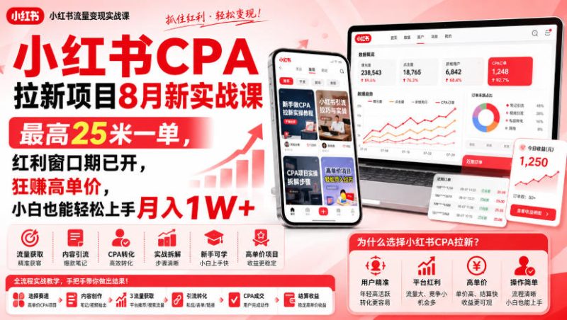 小红书CPA拉新项目8月新实战课,最高25米一单,红利窗口期已开,狂賺高单价,小白也能轻松上手月入1W+(更新0923)-优优云网创