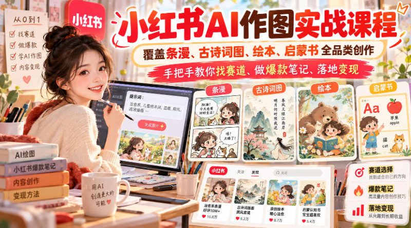 小红书AI作图实战课程,覆盖条漫、古诗词图、绘本、启蒙书全品类创作,手把手教你找赛道、做爆款笔记、落地变现-优优云网创