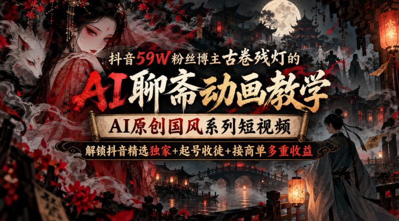 抖音59W粉丝博主古卷残灯的AI聊斋动画教学，AI原创国风系列短视频，解锁抖音精选独家+起号收徒+接商单多重收益-优优云网创