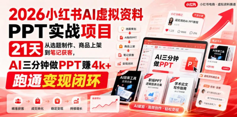 【无水印】2026小红书AI虚拟资料PPT实战项目,21天从选题制作、商品上架到笔记获客,AI三分钟做PPT赚4k+跑通变现闭环(更新0927)-优优云网创