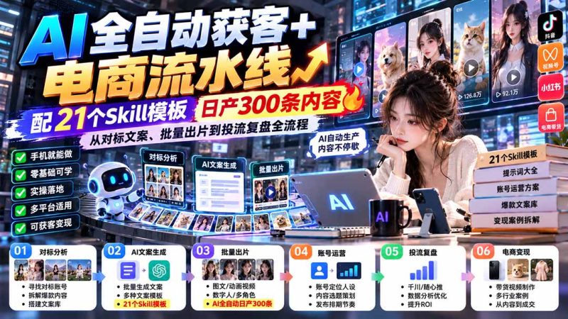 【无水印】AI全自动获客+电商流水线：配21个Skill模板，日产300条内容，从对标文案、批量出片到投流复盘全流程-优优云网创