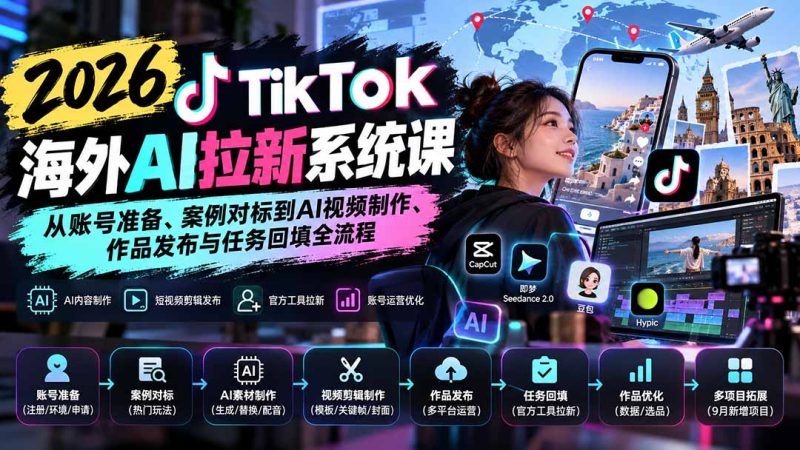 【无水印】2026 TikTok海外AI拉新系统课：从账号准备、案例对标到AI视频制作、作品发布与任务回填全流程-优优云网创