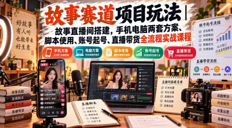 故事赛道项目玩法|故事直播间搭建,手机电脑两套方案、脚本使用、账号起号、直播带货全流程实战课程-优优云网创