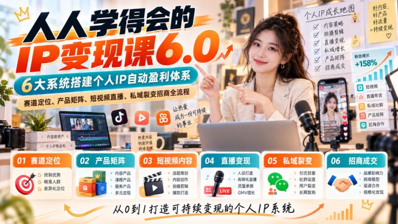 人人学得会的IP变现课6.0,6大系统搭建个人IP自动盈利体系,赛道定位、产品矩阵、短视频直播、私域裂变招商全流程-优优云网创
