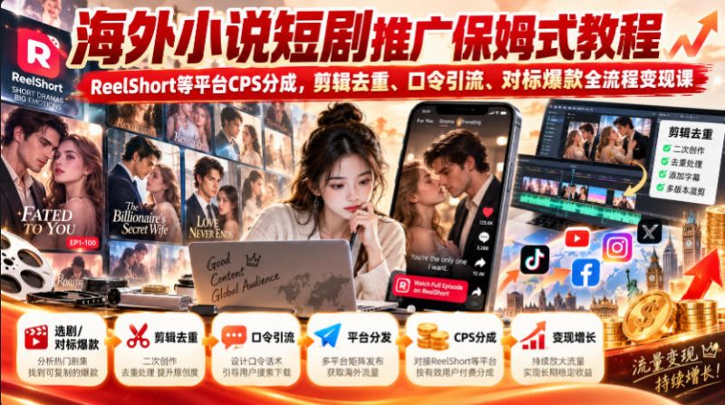 海外小说短剧推广保姆式教程|ReelShort等平台CPS分成,剪辑去重、口令引流、对标爆款全流程变现课-优优云网创