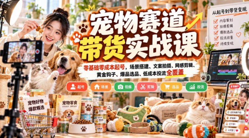 宠物赛道带货实战课,零基础零成本起号,场景搭建、文案拍摄、网感剪辑、黄金钩子、爆品选品、低成本投流全覆盖-优优云网创
