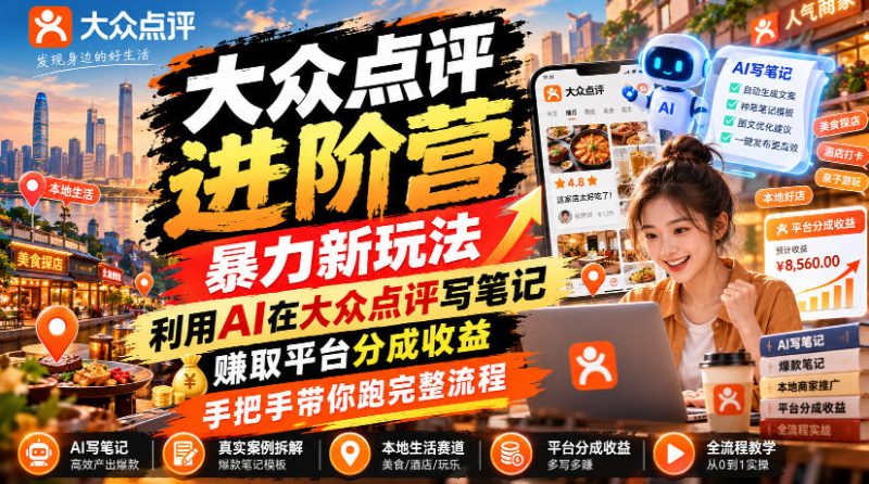 大众点评进阶营，暴力新玩法，利用AI在大众点评写笔记， 賺取平台分成收益，手把手带你跑完整流程-优优云网创