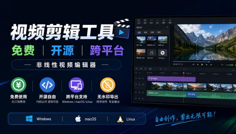 视频剪辑工具，免费、开源、跨平台，非线性视频编辑器，支持Windows、macOS、Linux，无水印、无订阅费用-优优云网创