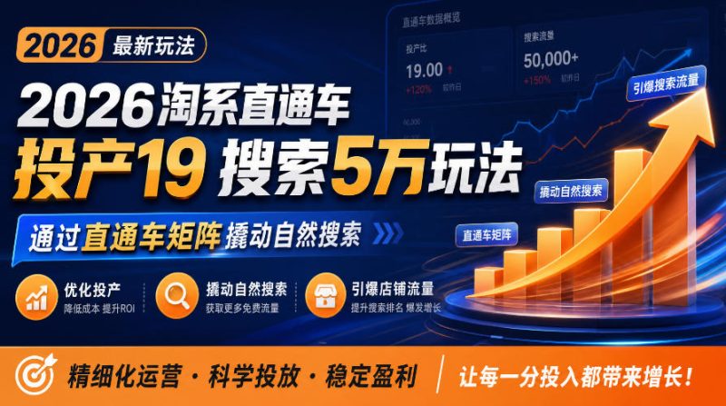 2026淘系直通车投产19搜索5万玩法，通过直通车矩阵撬动自然搜索，帮助商家优化投产，引爆店铺搜索流量-优优云网创
