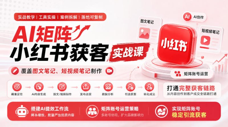 AI矩阵小红书获客实战课，覆盖图文笔记、短视频笔记制作，打通完整获客链路，搭建AI提效工作流，实现矩阵账号稳定引流获客-优优云网创