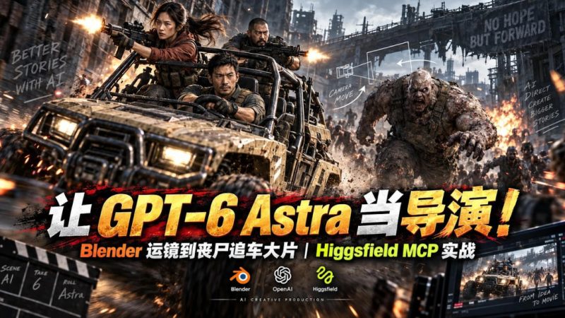 让GPT-6 Astra当导演！Blender运镜到丧尸追车大片｜Higgsfield MCP实战-优优云网创