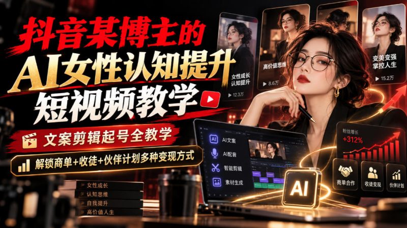 抖音某博主的Ai女性认知提升短视频教学，文案剪辑起号全教学，解锁商单+收徒+伙伴计划多种变现方式-优优云网创