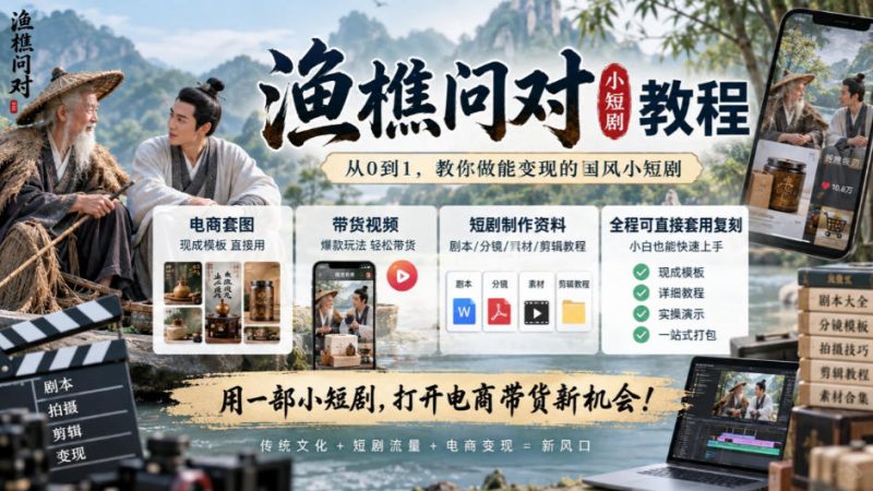 渔樵问对小短剧教程,包含电商套图、带货视频,短剧制作资料,全程可直接套用复刻-优优云网创