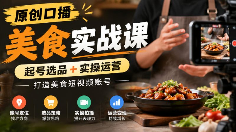 原创口播美食实战课，起号选品+实操运营，打造美食短视频账号-优优云网创