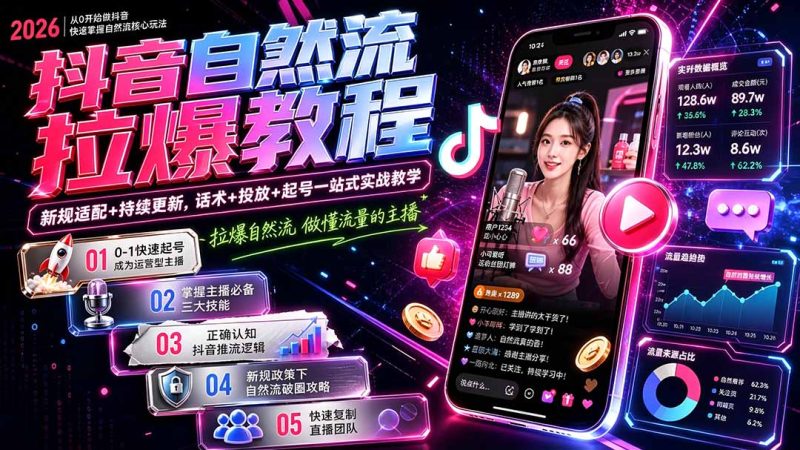 抖音自然流拉爆教程-更新1002：做懂流量的主播，新规适配+持续更新，话术+投放+起号一站式实战教学-优优云网创