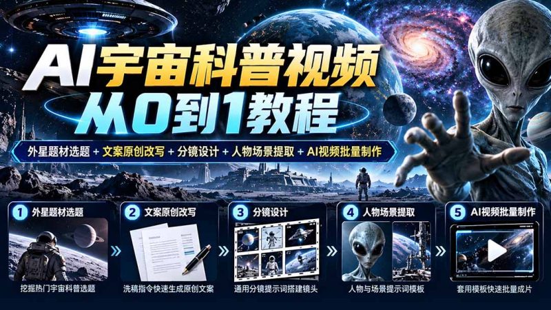 AI宇宙科普视频从0到1教程｜外星题材选题+文案原创改写+分镜设计+人物场景提取+AI视频批量制作-优优云网创