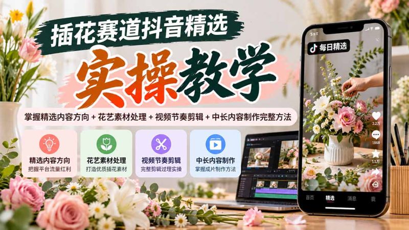 插花赛道抖音精选实操教学：掌握精选内容方向+花艺素材处理+视频节奏剪辑+中长内容制作完整方法-优优云网创
