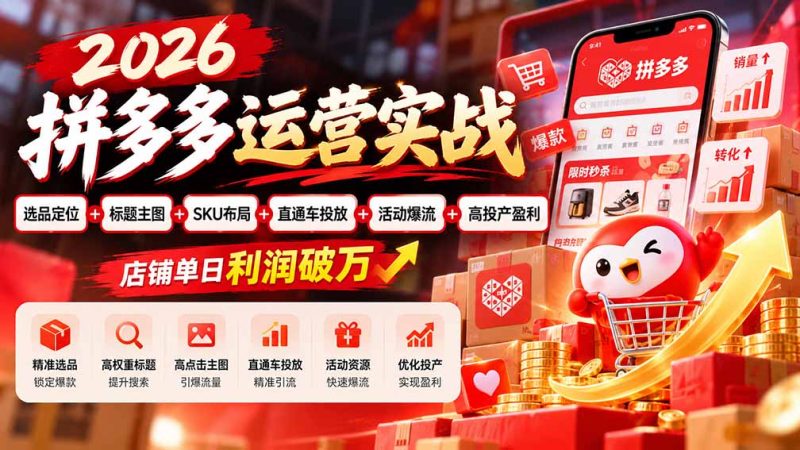 2026拼多多运营实战-更新1002:选品定位+标题主图+SKU布局+直通车投放+活动爆流+高投产盈利 店铺单日利润破万-优优云网创