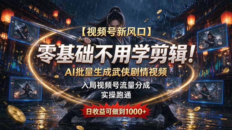 【视频号新风口】零基础不用学剪辑！AI 批量生成武侠剧情视频，入局视频号流量分成，实操跑通，日收益可做到 1000+-优优云网创