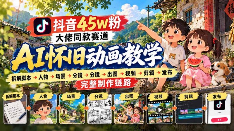 抖音45W粉大佬同款赛道AI怀旧动画教学：拆解脚本→人物→场景→分镜→出图→视频→剪辑→发布完整制作链路-优优云网创