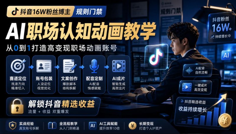 抖音16W粉丝博主规则门禁的AI职场认知动画教学，从赛道定位、账号包装，到文案创作、配音定制、AI成片，解锁抖音精选收益-优优云网创
