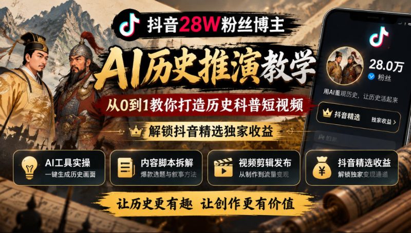 抖音28W粉丝博主的AI历史推演教学，从0到1教你打造历史科普短视频，解锁抖音精选独家收益-优优云网创