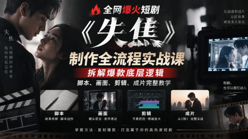 全网爆火短剧《失焦》制作全流程实战课｜拆解爆款底层逻辑，脚本、画面、剪辑、成片完整教学-优优云网创