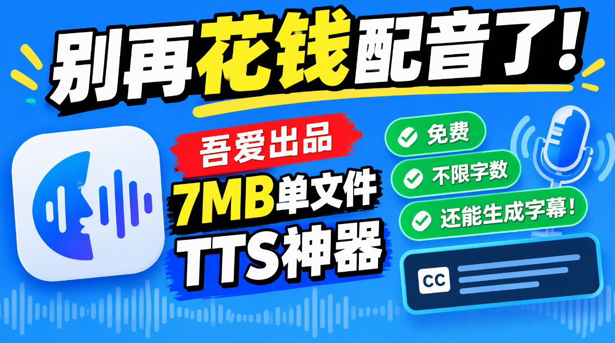 别再花钱配音了!吾爱出品7MB单文件TTS神器,免费不限字数还能生成字幕!