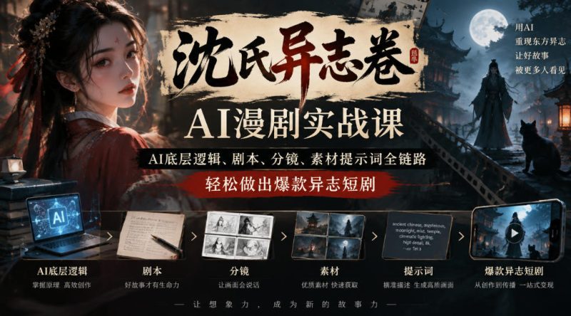 沈氏异志卷AI漫剧实战课｜AI底层逻辑、剧本、分镜、素材提示词全链路，轻松做出爆款异志短剧-优优云网创