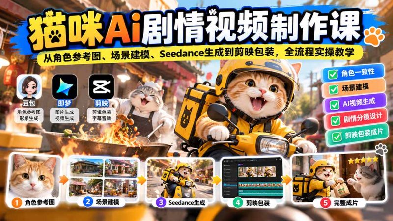 猫咪AI剧情视频制作课：从角色参考图、场景建模、Seedance生成到剪映包装，全流程实操教学-优优云网创