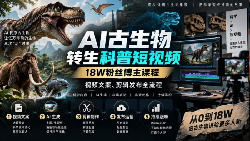 AI古生物转生科普短视频，18W粉丝博主课程，视频文案、剪辑发布全流程-优优云网创