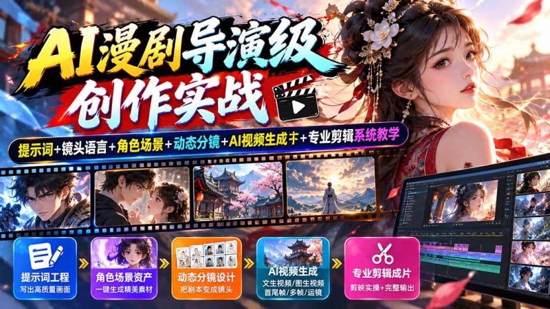 AI漫剧导演级创作实战：提示词+镜头语言+角色场景+动态分镜+AI视频生成+专业剪辑系统教学-优优云网创