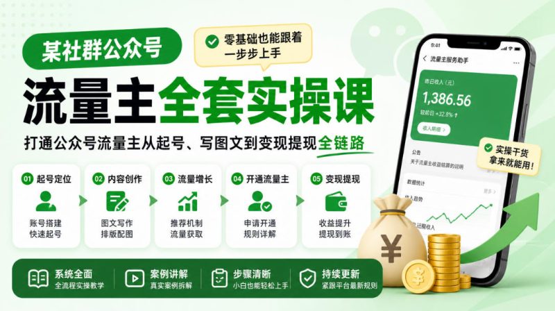 某社群公众号流量主全套实操课，零基础也能跟着一步步上手，打通公众号流量主从起号、写图文到变现提现全链路-优优云网创