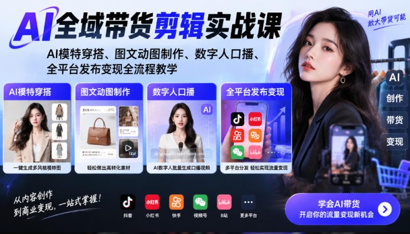 AI全域带货剪辑实战课｜AI模特穿搭、图文动图制作、数字人口播、全平台发布变现全流程教学-优优云网创