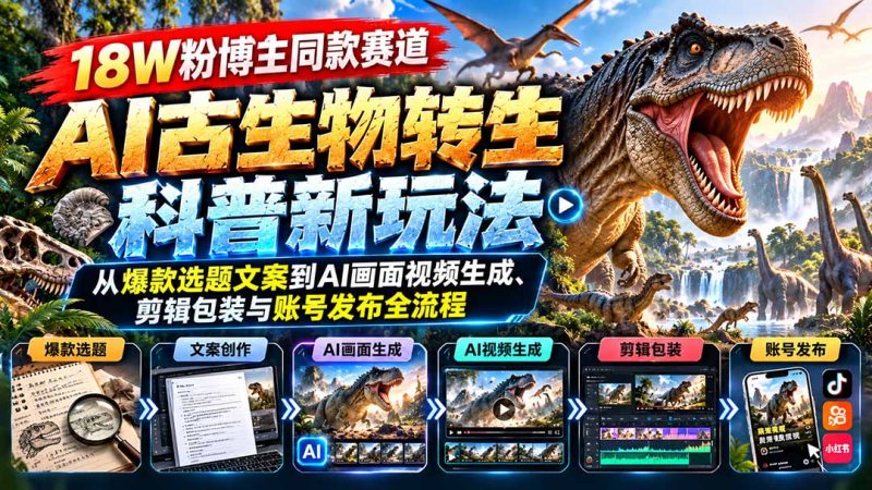 18W粉博主同款赛道-AI古生物转生科普新玩法：从爆款选题文案到AI画面视频生成、剪辑包装与账号发布全流程-优优云网创