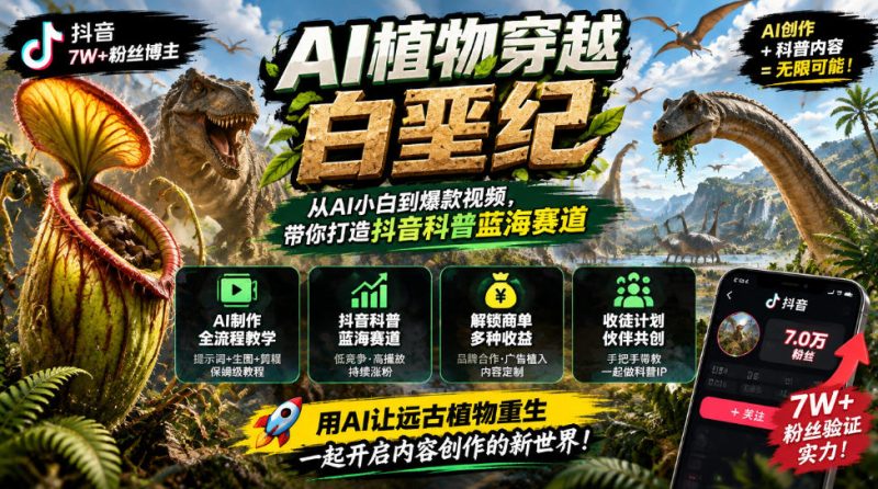 抖音7W粉丝博主的AI植物穿越白垩纪教学，抖音科普蓝海赛道，解锁商单收徒伙伴计划等多种收益-优优云网创