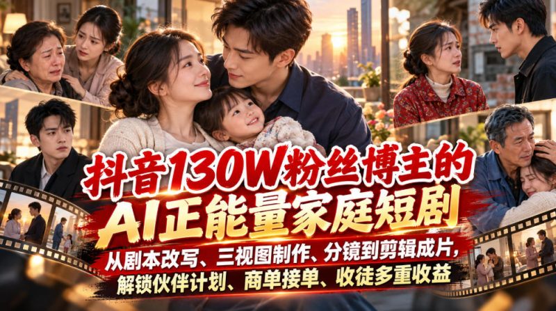 抖音130W粉丝博主的AI正能量家庭短剧，从剧本改写、三视图制作、分镜到剪辑成片，解锁伙伴计划、商单接单、收徒多重收益(更新1007)-优优云网创