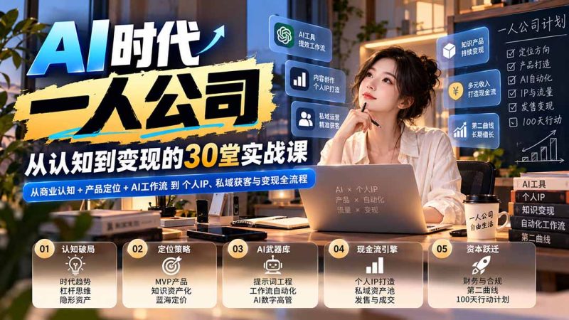 【无水印】AI时代一人公司30堂实战课：从商业认知+产品定位+AI工作流到个人IP、私域获客与变现全流程-优优云网创